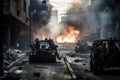 An intense image of a Special Forces team in an urban warfare scenario, with soldiers taking cover behind vehicles and buildings