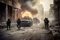 An intense image of a Special Forces team in an urban warfare scenario, with soldiers taking cover behind vehicles and buildings