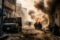 An intense image of a Special Forces team in an urban warfare scenario, with soldiers taking cover behind vehicles and buildings