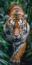 Intense Jungle Encounter: A Closeup Portrait of a Crouching Tiger with Piercing Gaze