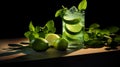 Intense Lighting And Shadow: Moody Neo-noir Glass With Limes, Mint, And Green Leaves