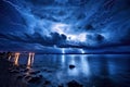 Intense lightning bolts strike over a serene lake at night, illuminating dark stormy skies Royalty Free Stock Photo