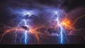 Intense Lightning Storm With Multiple Bright Blue And Orange Bolts Striking Through Dark Dramatic Clouds Royalty Free Stock Photo
