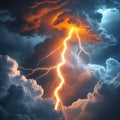 Intense lightning strike illuminating dramatic storm clouds with orange and blue hues Royalty Free Stock Photo