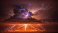 Dramatic sky with massive storm clouds and intense lightning striking a fiery swirling vortex on the ground Royalty Free Stock Photo