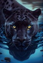 Intense looking, panther, jaguar, leopard, water, hunting, wallapaper, generative ai,