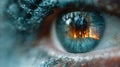 Intense macro shot of a human eye with a forest fire reflected in the iris Royalty Free Stock Photo