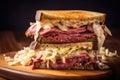 Intense macro shot of a Reuben sandwich layered with corned beef, sauerkraut, and Swiss cheese, topped with Russian dressing