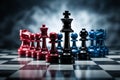 Intense Market Battle: Red vs. Blue Chess Pieces on Business Chessboard Royalty Free Stock Photo