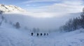 intense mist clouds and mountaineering climb activity