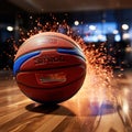 Intense Motion: Basketball Mid-Air Impact with Vibrant Court and Suspenseful Lighting