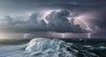 Intense ocean storm with a large breaking wave and multiple lightning strikes illuminating the dark, dramatic sky and Royalty Free Stock Photo