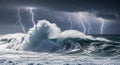 Intense ocean storm with a large breaking wave and multiple lightning strikes illuminating the dark, cloudy sky Royalty Free Stock Photo