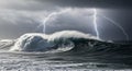 Intense ocean storm with a massive breaking wave, heavy rain, and multiple lightning strikes in a dark sky Royalty Free Stock Photo