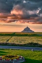 Intense orange sunset over Mont Saint Michel, Normandy, France Royalty Free Stock Photo