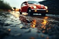 Intense rain, car tires create artistic ripples on wet road Royalty Free Stock Photo