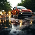 Intense rain, car tires create artistic ripples on wet road Royalty Free Stock Photo