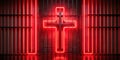 Intense Red Neon Cross Illuminates a Darkened Prison Cell A Dramatic Lighting Study Capturing Sharp Details and Royalty Free Stock Photo