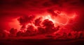 Intense Red Storm Clouds with Striking Lightning Flashing in Ominous Night Sky Dramatic Weather Background Royalty Free Stock Photo