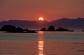 Intense red sunset over purple mountains of Brookes Peninsula