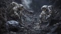 Intense sci-fi artwork of astronauts and scientists navigating geological challenges on an alien planet