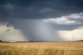 An intense shaft of rain and hail descends to the ground from a dark storm cloud.