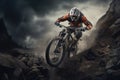 An intense shot capturing a man maneuvering a dirt bike with skill and precision on a challenging rocky hill., Mountain bike rider Royalty Free Stock Photo