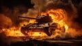 the intense silhouette of a burning tank, depicting a dramatic scene of conflict and destruction.