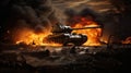 the intense silhouette of a burning tank, depicting a dramatic scene of conflict and destruction.