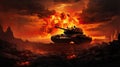 the intense silhouette of a burning tank, depicting a dramatic scene of conflict and destruction.