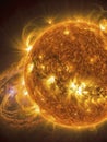 Intense solar flare bursting from the sun\'s surface, displaying powerful energy release and magnetic activity Royalty Free Stock Photo