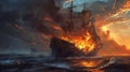 Inferno Afloat: Sailing Ship Engulfed in Flames Amidst Ocean Peril Royalty Free Stock Photo