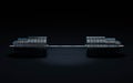 Intense strength training. front view of heavy olympic bar on black background