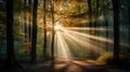 Intense sun with lots of long sunrays shining in the middle of a deciduous forest in autumn created with Generative AI