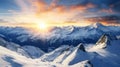 Intense sun with lots of long sunrays shining over snowy alps created with Generative AI