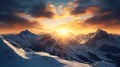 Intense sun with lots of long sunrays shining over snowy alps created with Generative AI