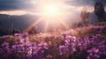 Intense sun with lots of long white sunrays shining over meadow with purple flowers created with Generative AI