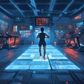 Intense Futuristic Exercise Routine in AI Powered Virtual Training Chamber with Luminescent Floor Tiles