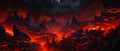 Intense volcanic landscape with molten lava flows and rugged black terrain, depicting natures fury and raw energy in a