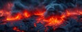 Intense volcanic landscape with molten lava flows and rugged black terrain, depicting natures fury and raw energy in a