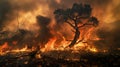 Intense wildfire engulfing a forest with flames consuming trees and smoke billowing against a dramatic, fiery sky