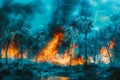 Intense Wildfire Engulfs Forest at Twilight, Devastating Natural Disaster Scene with Fiery Trees and Smoke
