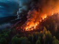 Intense wildfire, with flames engulfing the forest under a dark sky