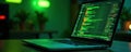 Intense work on laptop, green digital display, data, coding
