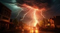 the intensity and impact of a lightning strike on an urban area, emphasizing the potential dangers and disruptions to