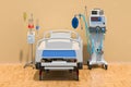 Intensive care unit, ICU in the room. Medical ventilator, adjustable hospital bed and dropper. 3D rendering Royalty Free Stock Photo