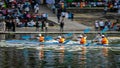 Intentional camera movement, pan image of speeding kayak with four young participants of COEP annual boat event regatta