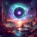 Inter dimensional portal in fantasy space landscape