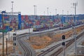 Intermodal Rail Yard With Gantry Spreader Cranes and Containers