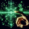Interacting with a Digital Interface - A Hand Touching a Holographic Cube Royalty Free Stock Photo